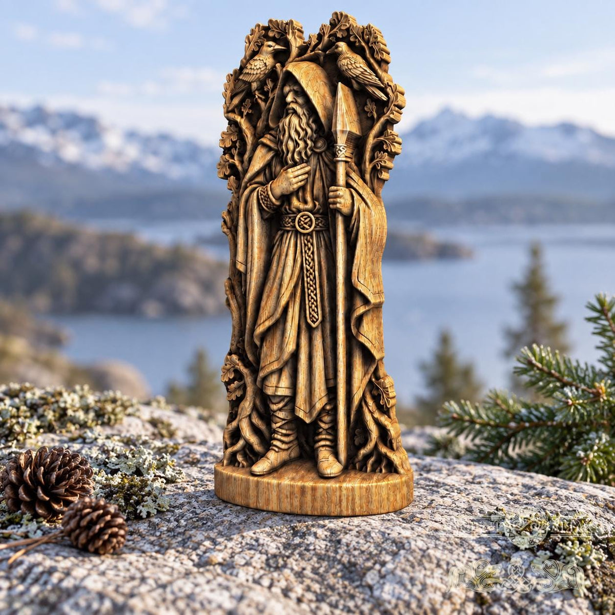 Hooded Odin Wooden Statue with Ravens, Norse Wanderer Figurine, Wotan Viking Sculpture, Pagan Altar Decor, Gungnir Gift