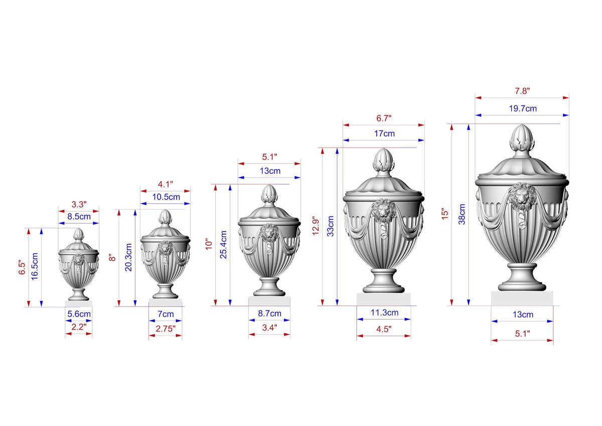 Classical Newel Post  Lion Head Finial – Decorative Post Topper in Vase Form , Urn-Shaped Lion Head Topper
