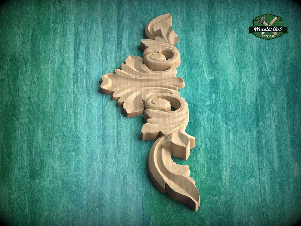 A decorative wooden carving is displayed against a green textured background.