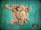 Personalized Antique Style Natural Wood Onlay - Detailed Scroll and Floral Central Overlay, 1pc, Unpainted, carved decoration, wooden onlay