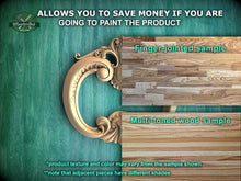Load image into Gallery viewer, The image is a promotional advertisement for Master Oak Paint, showcasing two different types of wood samples. The text highlights that the samples allow customers to save money if they are going to paint the product, with a focus on the differences between the finger-joined and multi-toned wood samples. The text also mentions that the product texture and color may vary from the sample shown, and that adjacent pieces have different shades.
