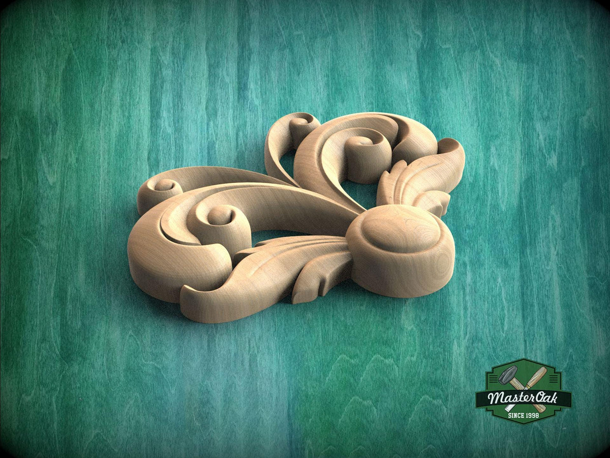 A wooden carving of a stylized flower or leaf design is displayed against a green background.