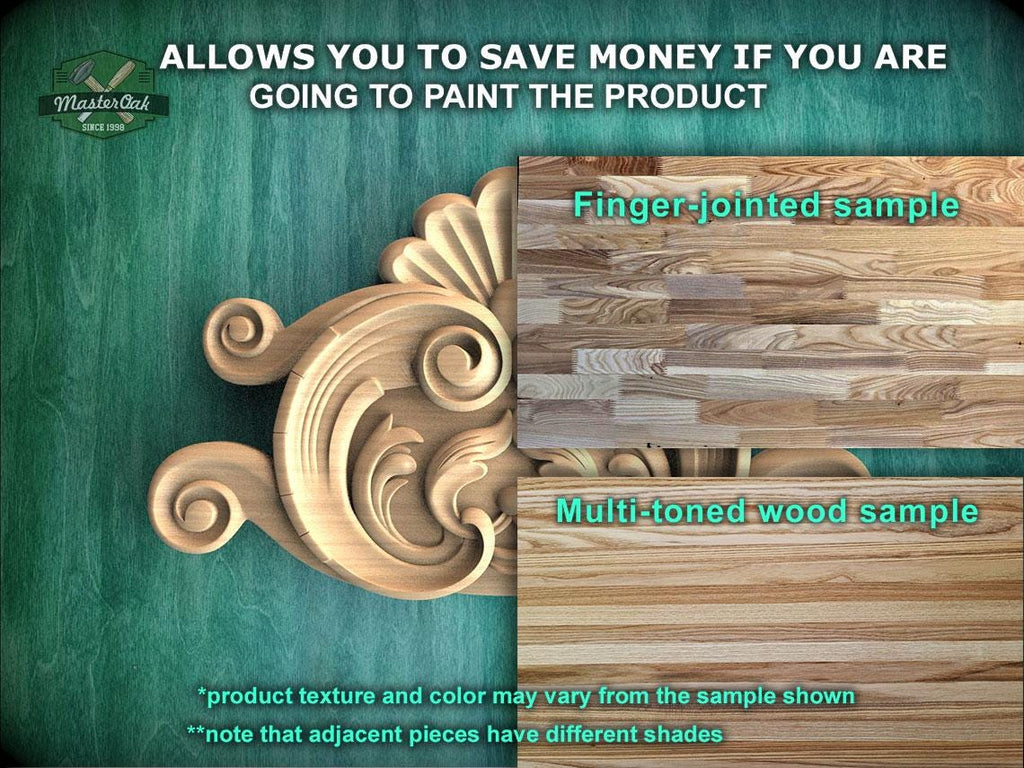 The image is a promotional advertisement for Master Oak, a company that specializes in painting wooden products. It features a close-up of a wooden carving and a sample of multi-toned wood, along with text providing information about the product.