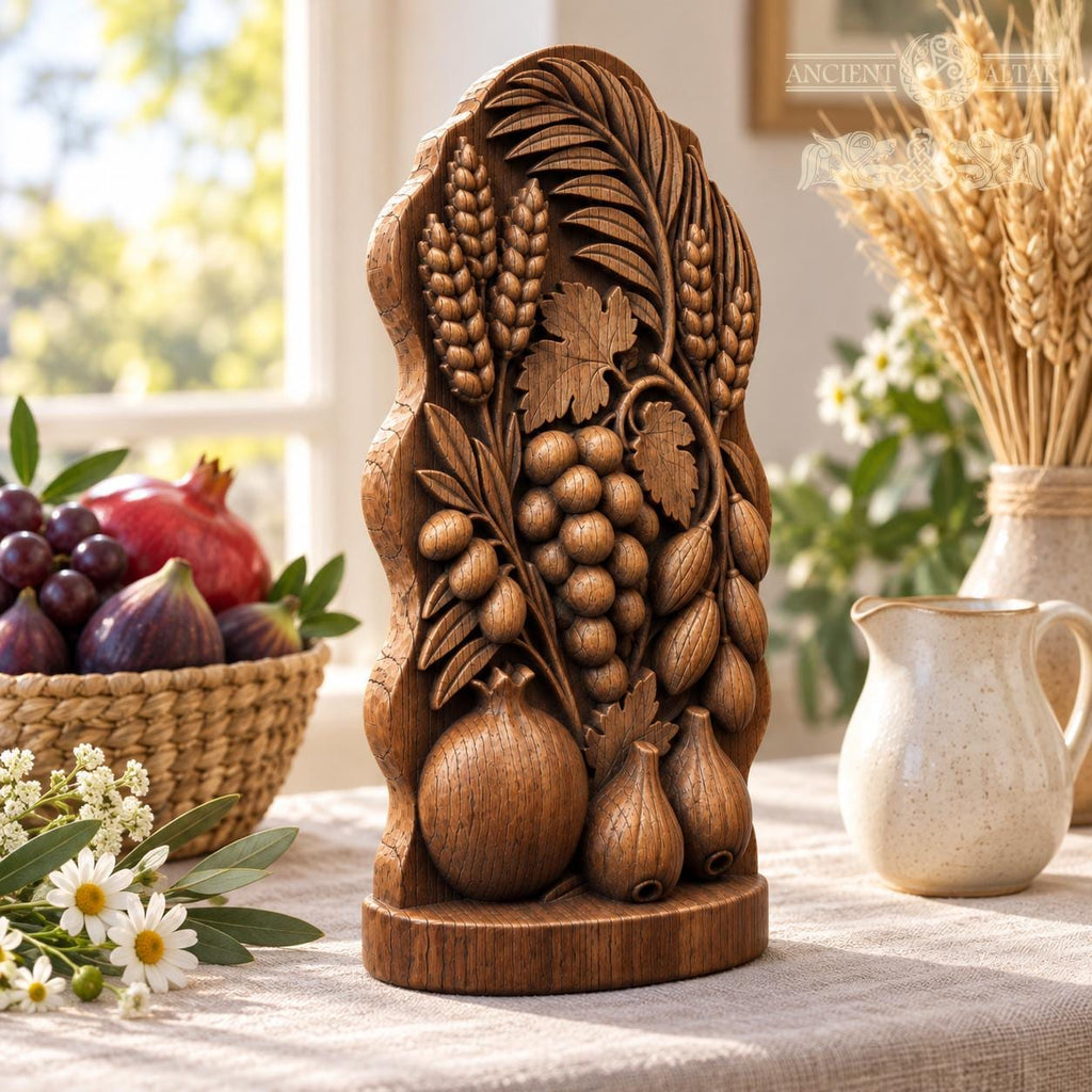 Seven Species Oak Wood Sculpture, Grapes Pomegranate and Fig Relief, Botanical Judaica Decor, Jewish Housewarming Gift