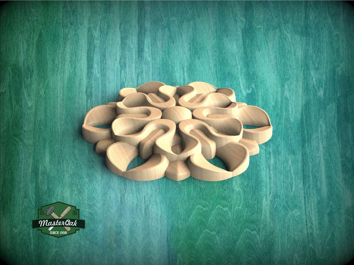 A wooden flower-like design is centered against a green background.