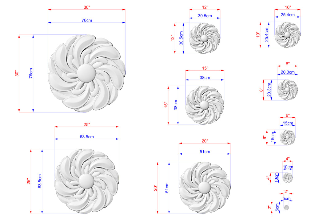 various sizes of white flower-like sculptures, each with its own set of dimensions and measurements. The sculptures are arranged in a grid-like pattern, providing a visual representation of the different sizes available.