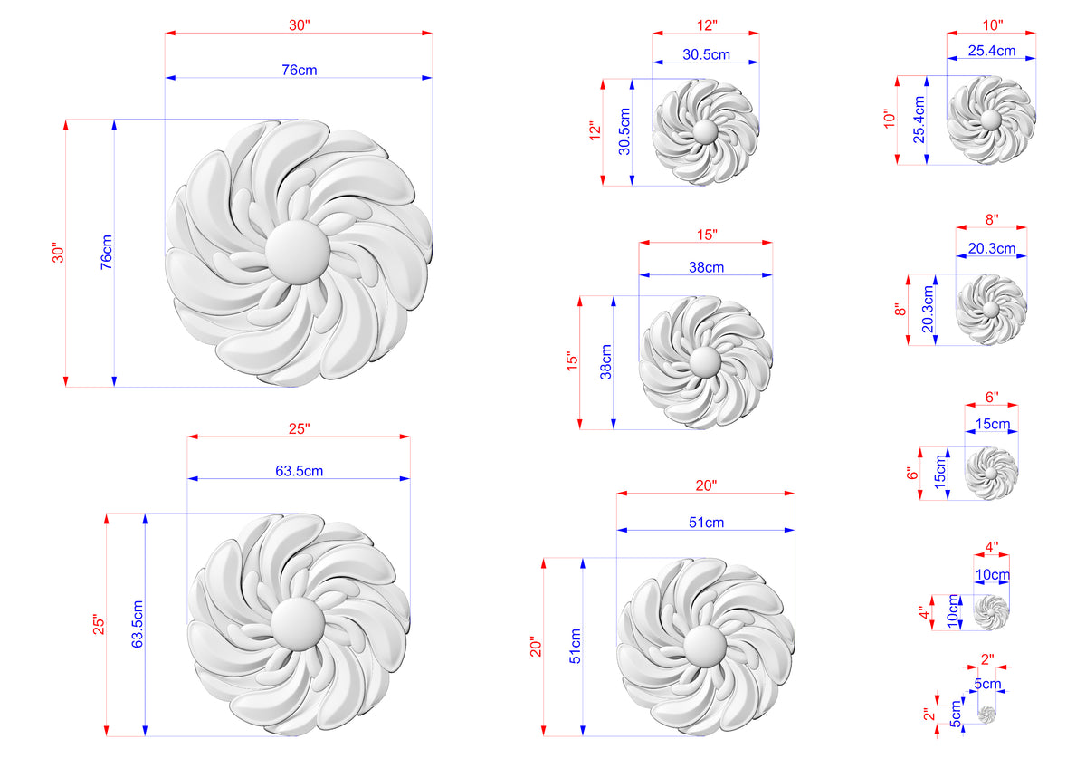 various sizes of white flower-like sculptures, each with its own set of dimensions and measurements. The sculptures are arranged in a grid-like pattern, providing a visual representation of the different sizes available.