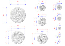 Load image into Gallery viewer, various sizes of white flower-like sculptures, each with its own set of dimensions and measurements. The sculptures are arranged in a grid-like pattern, providing a visual representation of the different sizes available.
