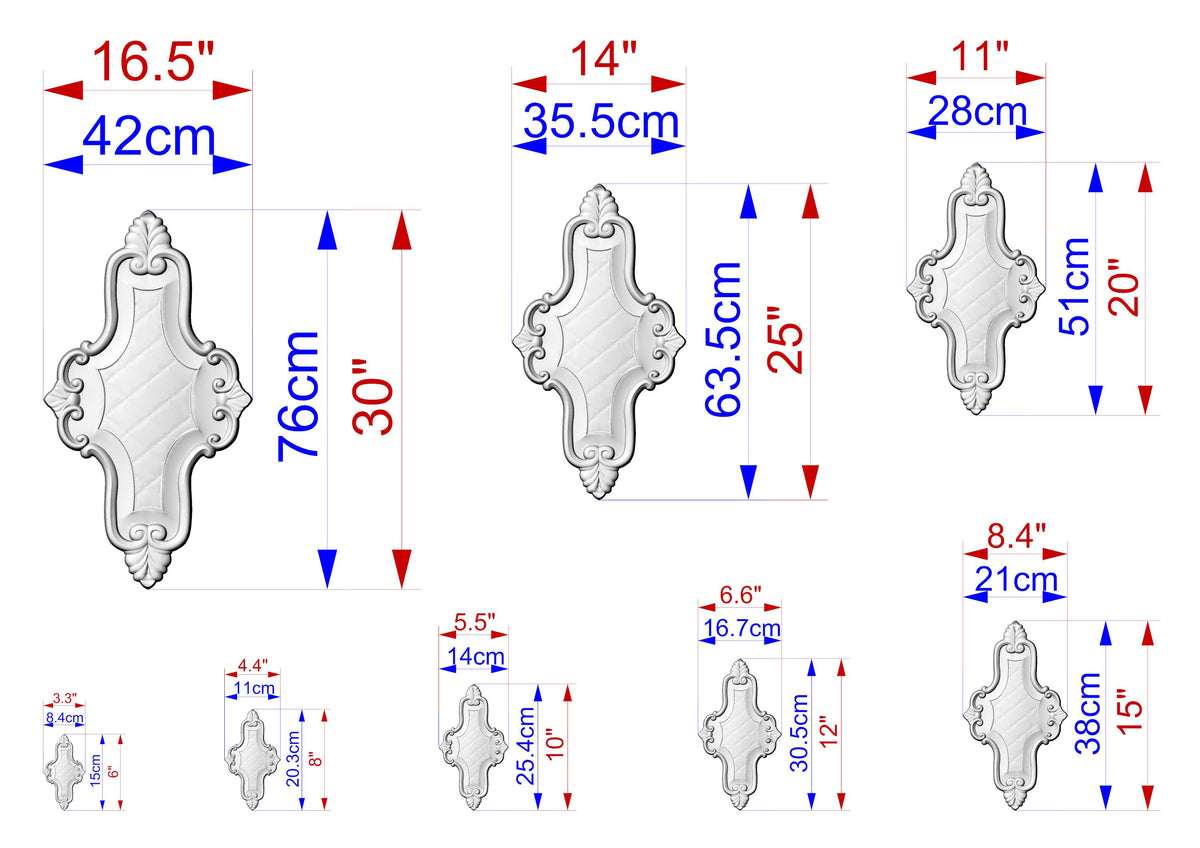 a collection of various sizes of mirrors, each with its own unique design and dimensions. The mirrors are shown in different sizes, ranging from small to large, and are arranged in a grid-like pattern. The image provides a visual representation of the different sizes and shapes of the mirrors, allowing for a clear understanding of their relative dimensions and features.