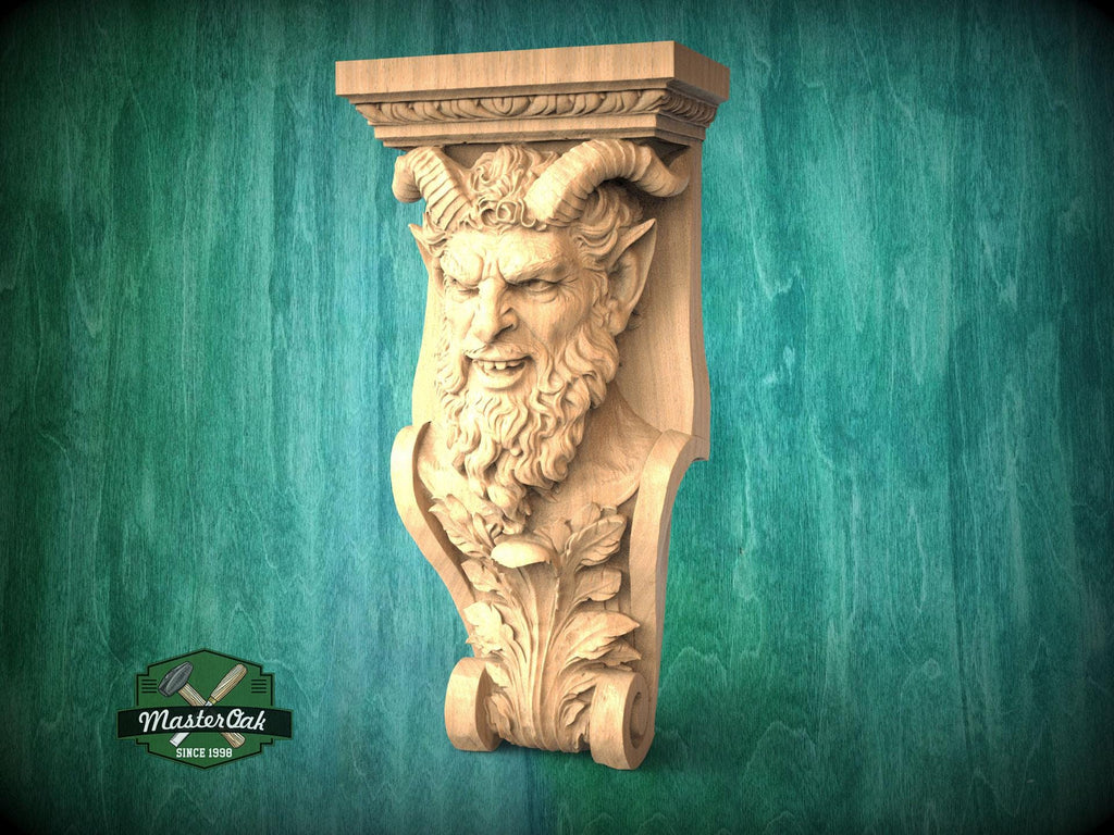 a carved wooden sculpture of a bearded man with horns, mounted on a wall.