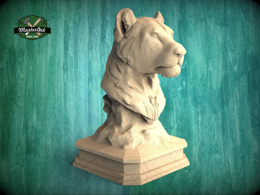 Carved wooden lioness bust on a decorative pedestal, detailed realistic texture, designed as a finial or standalone decor piece in classic natural wood