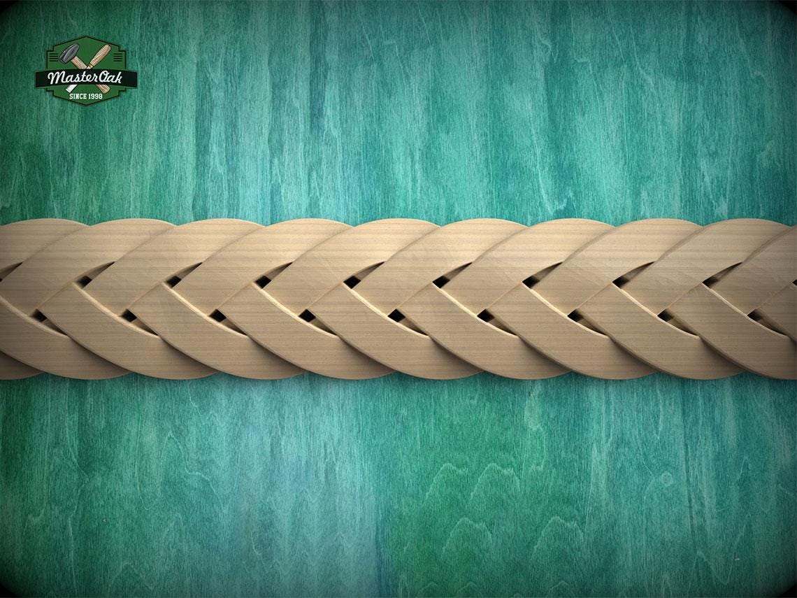 A close-up view of a braided wooden object, possibly a piece of furniture or a decorative item, set against a green and blue textured background.