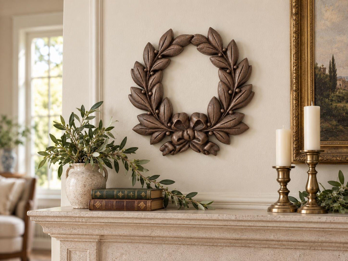 Laurel Wreath Wall Art | Hand-Sanded & Hand-Toned Carved Wood | Classic Home Decor
