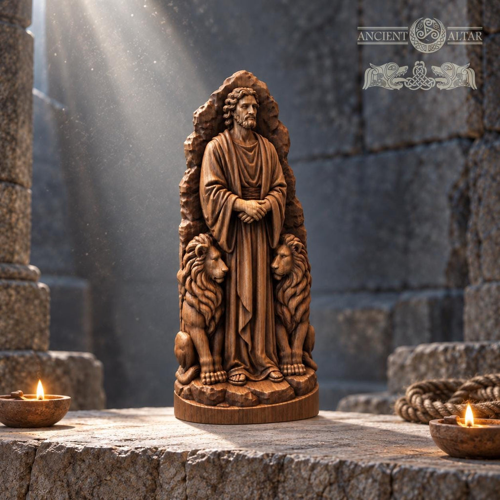Daniel in the Lions Den Statue, Solid Oak Biblical Sculpture, Prophet with Two Lions, Judaica Home Decor, Religious Gift