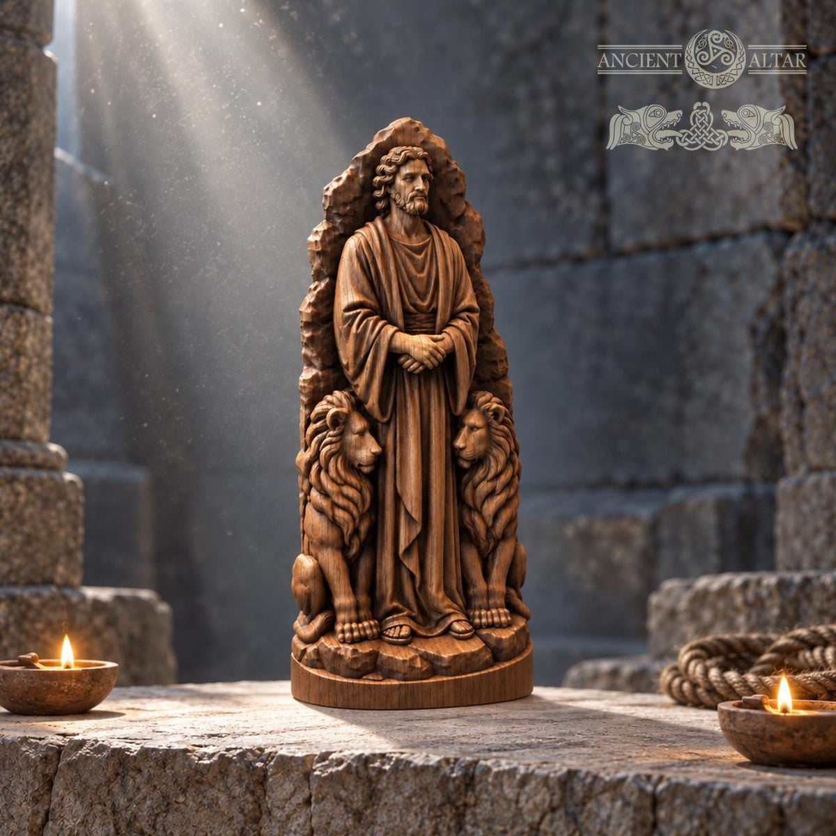 Daniel in the Lions Den Statue, Solid Oak Biblical Sculpture, Prophet with Two Lions, Judaica Home Decor, Religious Gift