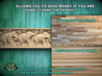 The image is a collage of three different wood samples, each showcasing a unique texture and color. The first sample features a finger-jointed sample, the second sample displays a multi-toned wood sample, and the third sample showcases a plain wooden sample. The text above the images states that the product texture and color may vary from the sample shown, and it also mentions that adjacent pieces have different shades.
