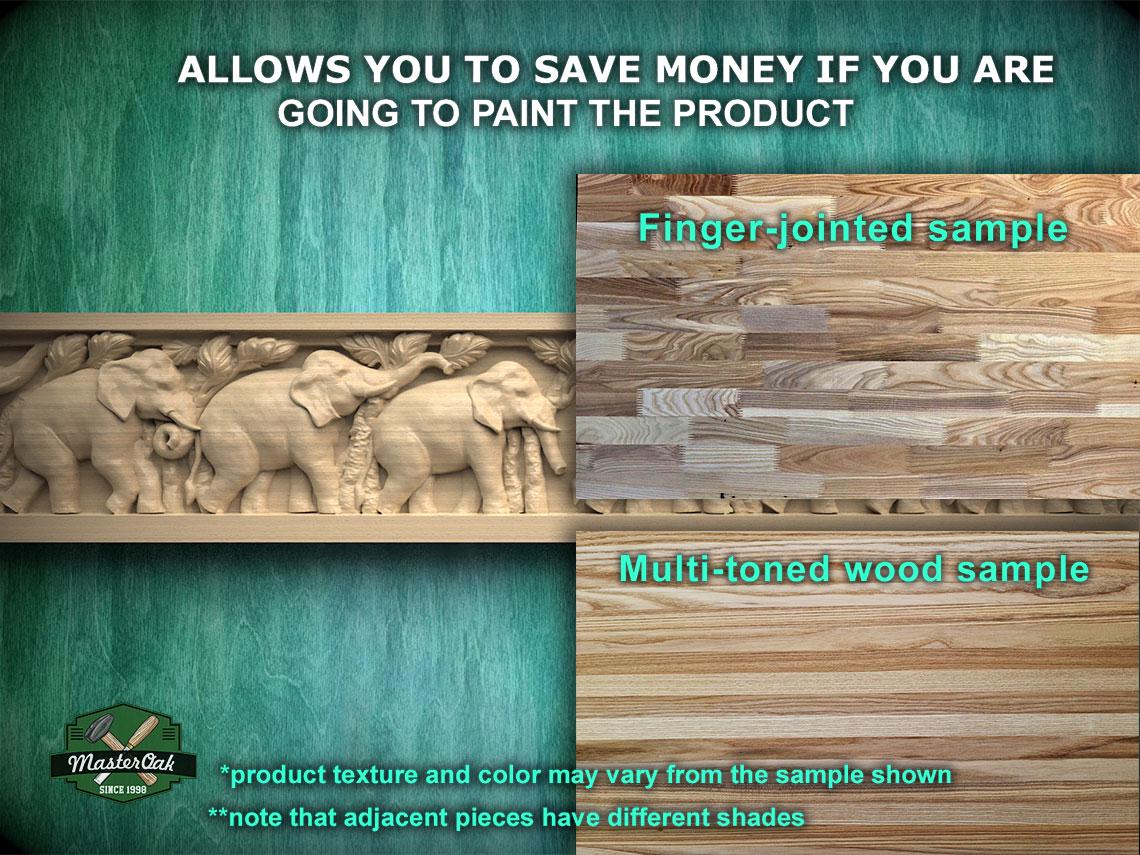 The image is a collage of three different wood samples, each showcasing a unique texture and color. The first sample features a finger-jointed sample, the second sample displays a multi-toned wood sample, and the third sample showcases a plain wooden sample. The text above the images states that the product texture and color may vary from the sample shown, and it also mentions that adjacent pieces have different shades.