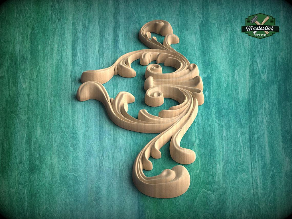 A decorative wooden carving in the shape of a swirly design is displayed against a teal background.