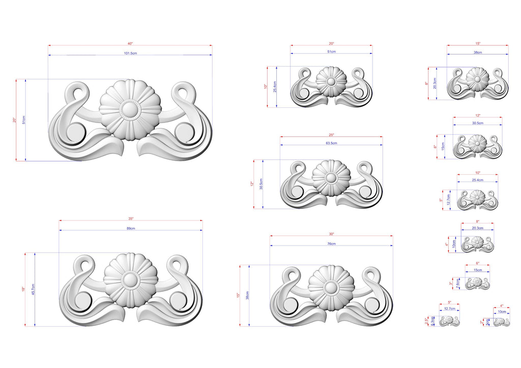 various sizes of decorative floral designs, including a large flower design and smaller floral designs. The designs are shown in different sizes, ranging from small to large, and are accompanied by their respective dimensions.
