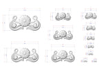 various sizes of decorative floral designs, including a large flower design and smaller floral designs. The designs are shown in different sizes, ranging from small to large, and are accompanied by their respective dimensions.