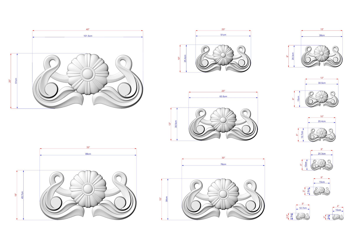 various sizes of decorative floral designs, including a large flower design and smaller floral designs. The designs are shown in different sizes, ranging from small to large, and are accompanied by their respective dimensions.