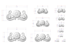 Load image into Gallery viewer, various sizes of decorative floral designs, including a large flower design and smaller floral designs. The designs are shown in different sizes, ranging from small to large, and are accompanied by their respective dimensions.
