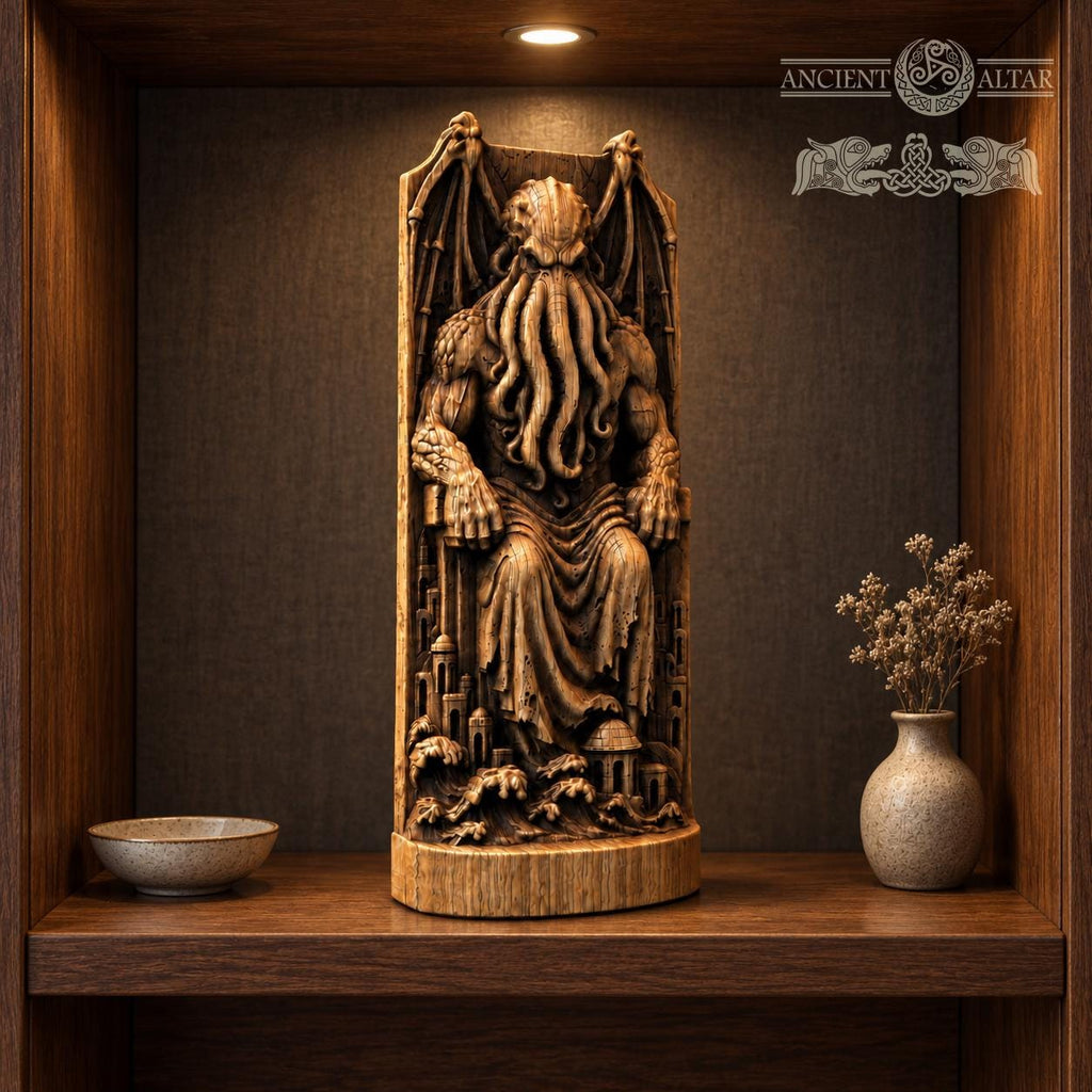 Cthulhu Throne Statue, Wooden Lovecraftian Monster Figurine, R’lyeh Cosmic Horror Decor, Gothic Altar Sculpture, Dark Fantasy Gift