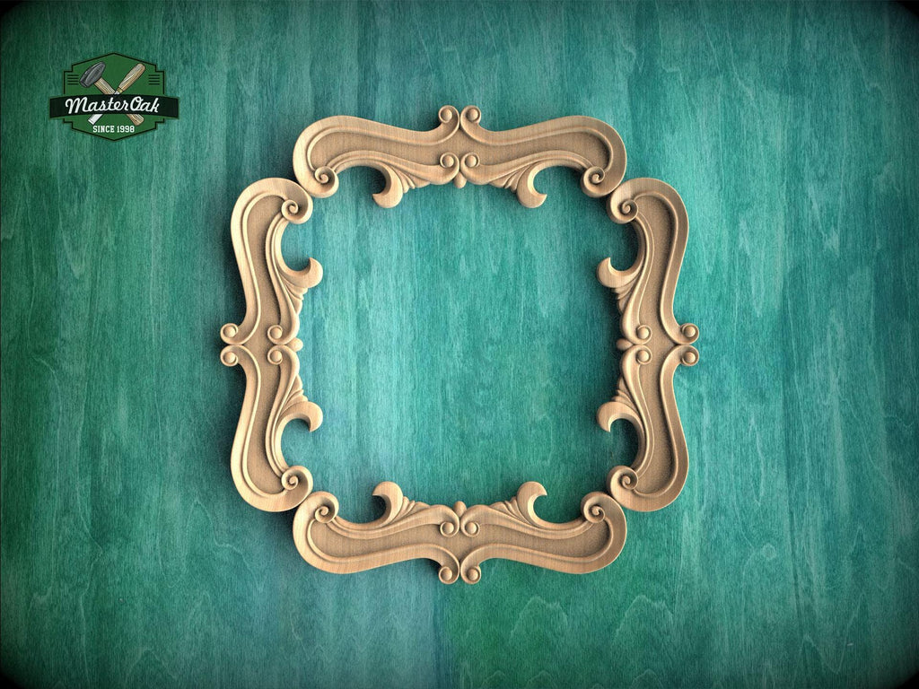 a wooden ornate frame with intricate scrollwork, set against a green textured background.