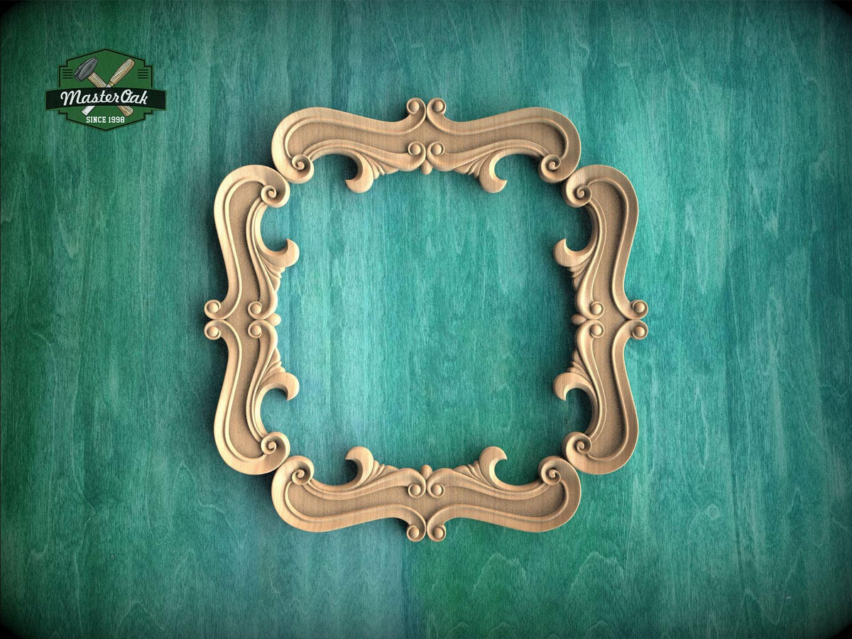 a wooden ornate frame with intricate scrollwork, set against a green textured background.