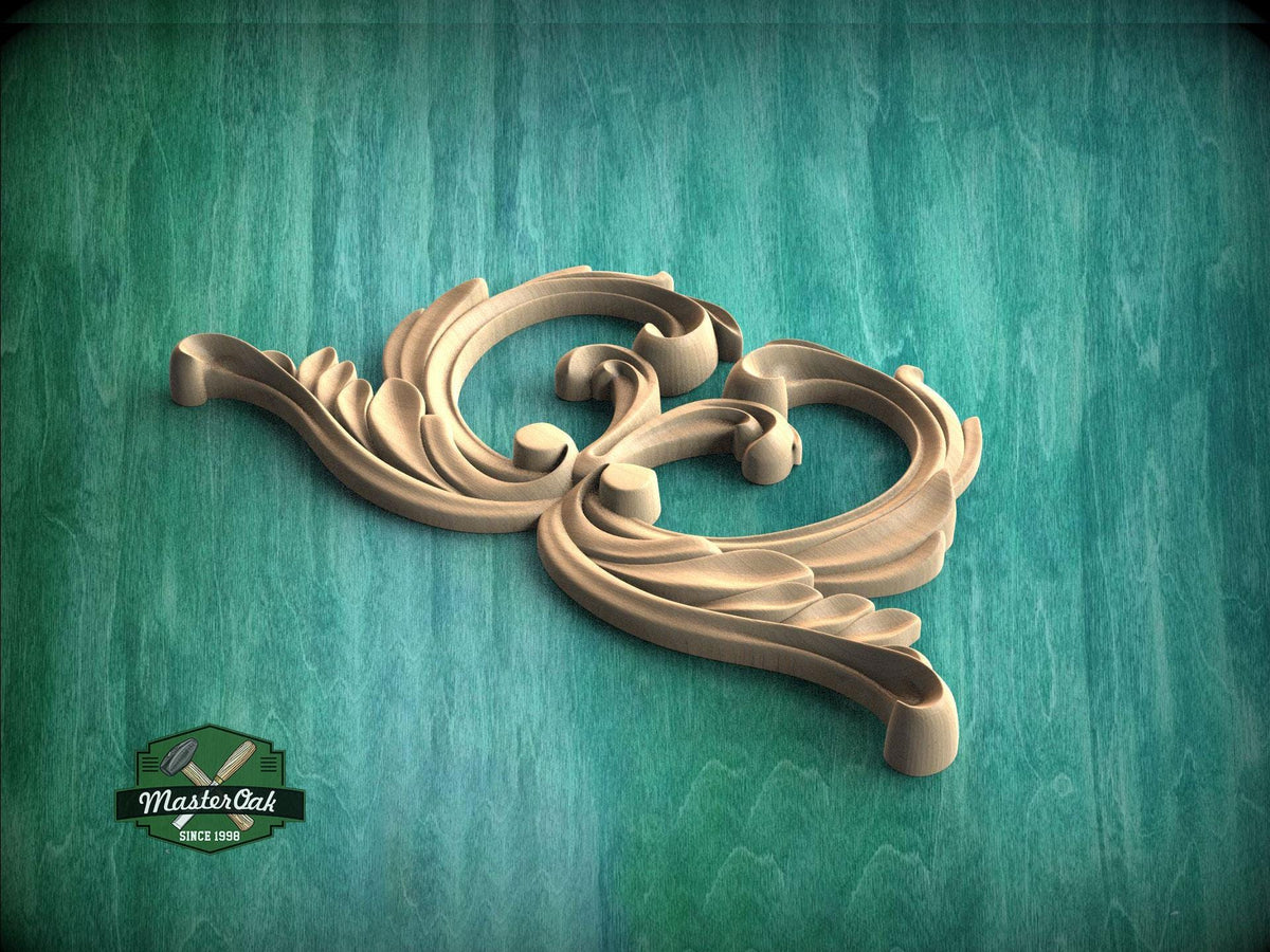 A decorative wooden carving with intricate scrollwork is displayed against a teal background.