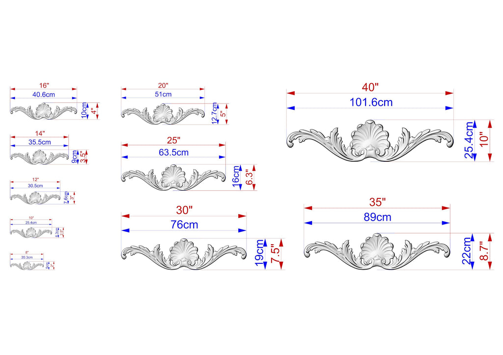 a series of decorative designs, each with its own size and scale, ranging from 16" to 101" in centimeters. The designs are depicted in a detailed manner, with measurements and scale indicators clearly visible.