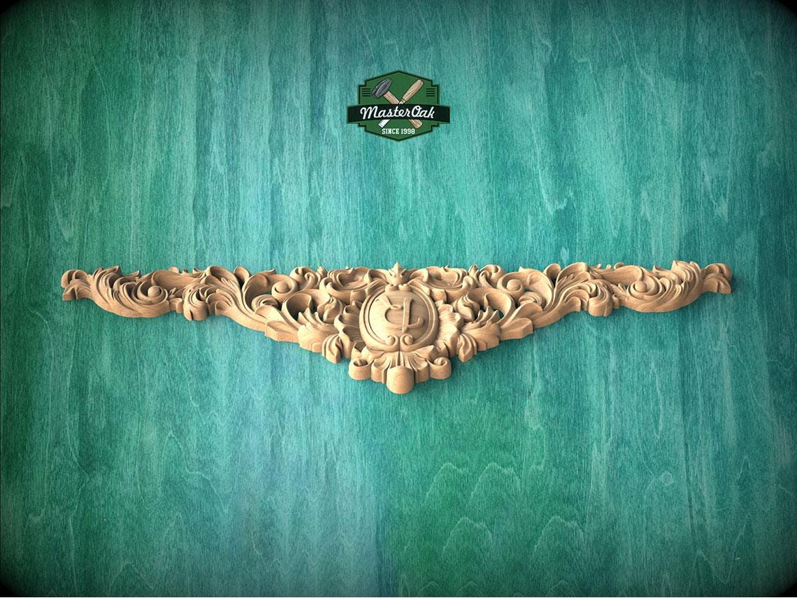 Personalized Carved Regal Crest Wooden Applique, Baroque Scrollwork Elegance, 1pc, Home Wall Embellishments, Furniture Carving
