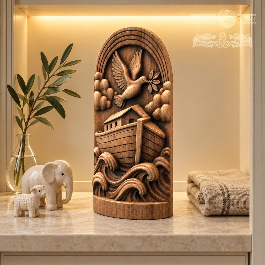 Noah's Ark Wood Sculpture with Dove and Rainbow, Solid Oak Biblical Relief, Judaica Home Decor, Religious Housewarming Gift