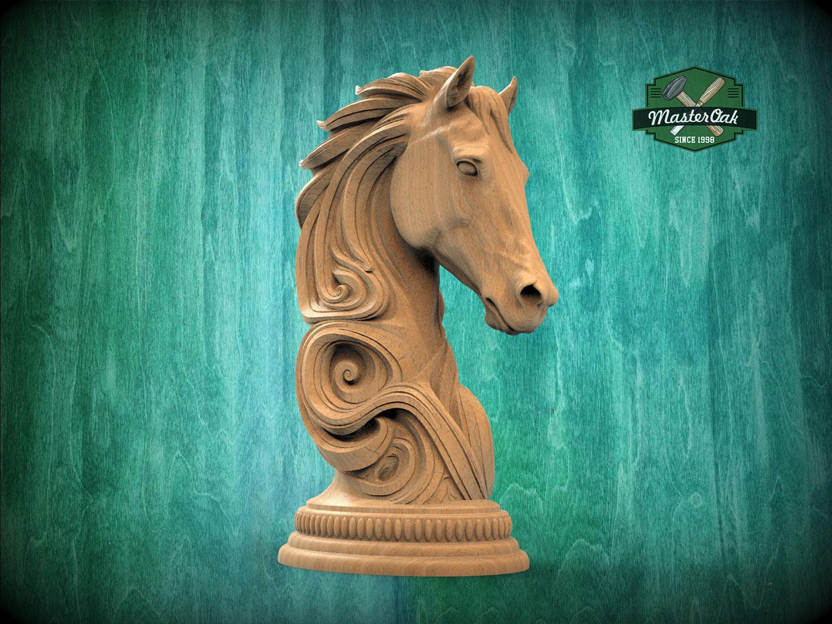 Carved wooden newel post cap 'Fire Horse' by MasterOak. A detailed sculpture of a horse head with a flowing mane resembling flames, carved from solid wood, shown against a green textured background.