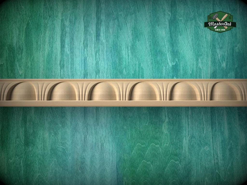 a wooden shelf with a curved design, set against a textured green background.