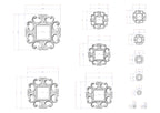 a collection of ornate, decorative frames with intricate scrollwork designs. The frames vary in size, ranging from small to large, and are arranged in a grid-like pattern. The image also includes measurements and scale drawings for each frame, providing a detailed visual representation of the design and dimensions of the frames.
