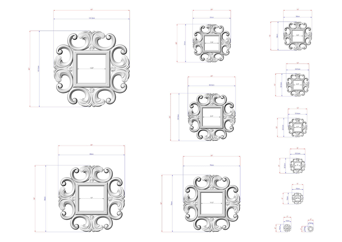 a collection of ornate, decorative frames with intricate scrollwork designs. The frames vary in size, ranging from small to large, and are arranged in a grid-like pattern. The image also includes measurements and scale drawings for each frame, providing a detailed visual representation of the design and dimensions of the frames.