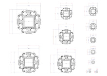 Load image into Gallery viewer, a collection of ornate, decorative frames with intricate scrollwork designs. The frames vary in size, ranging from small to large, and are arranged in a grid-like pattern. The image also includes measurements and scale drawings for each frame, providing a detailed visual representation of the design and dimensions of the frames.
