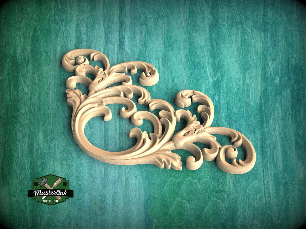 A decorative wooden carving in the shape of a wave or scroll is displayed against a teal background.