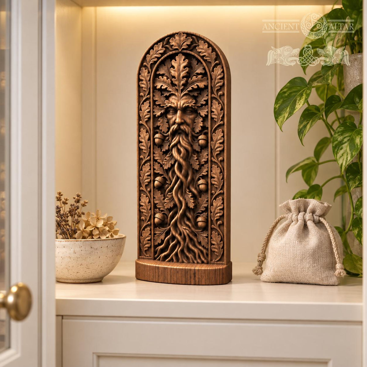 Green Man Sculpture with Twisting Roots, Solid Oak Forest Guardian, Woodland Altar Statue, Acorn and Leaf Decor, Pagan Gift