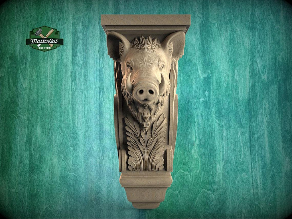 Boar Corbel — Ornamental Wooden Bracket with Wild Boar Motif