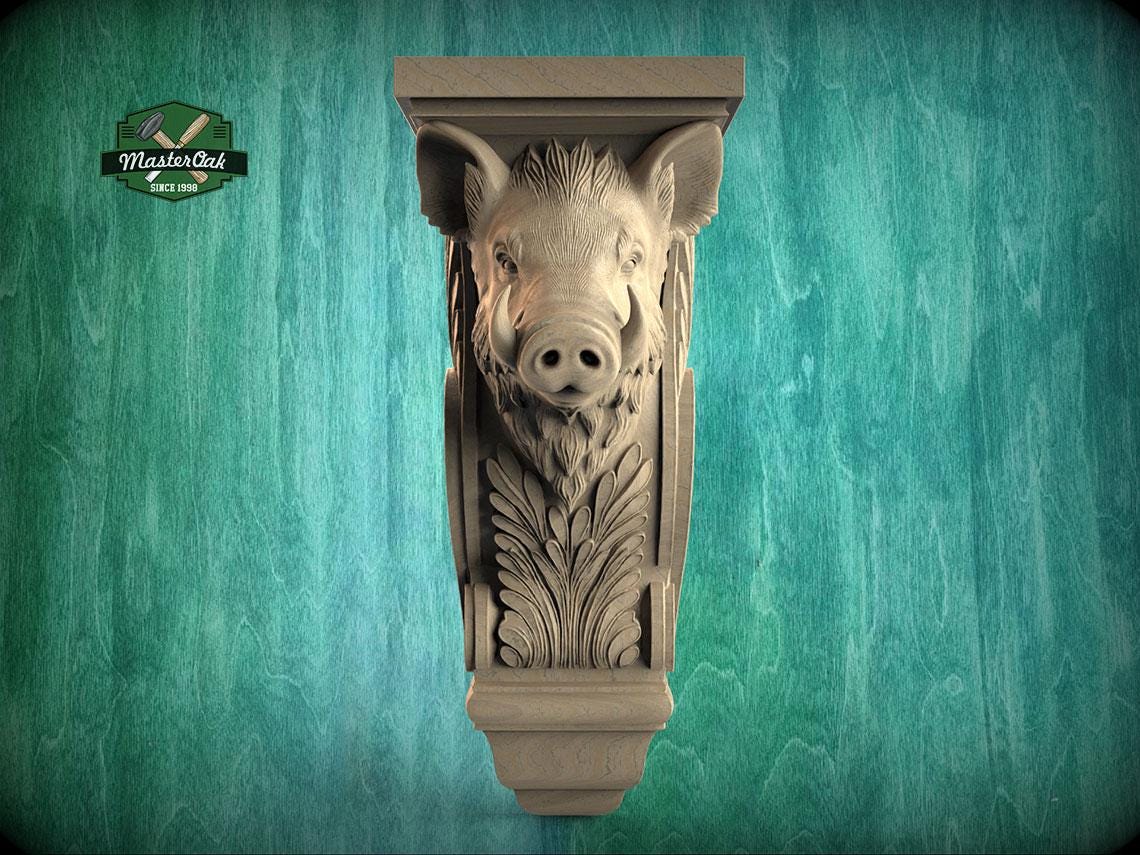 Boar Corbel — Ornamental Wooden Bracket with Wild Boar Motif