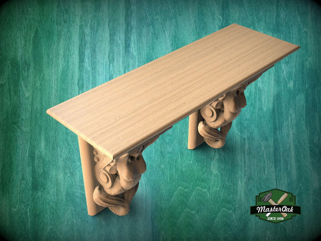 Elegant Carved Wooden Shelf with Mermaid Corbels - Custom Sizes Available, 1 pc, Unpainted, Unassembled, Mantel with corbels, Floating Shelf