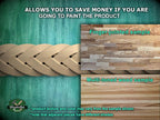 The image is a collage of two wood samples, one with a finger-jointed pattern and the other with a multi-toned wood sample. The text above the images states that the product allows you to save money if you are going to paint the product.