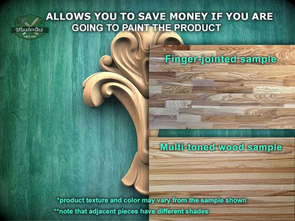 The image is a promotional advertisement for Master Oak Paint, showcasing a variety of wood samples available for painting. The samples include a finger-jointed sample, a multi-toned wood sample, and a product texture and color that may vary from the sample shown. The ad emphasizes that the product texture and color may differ from the sample, and notes that adjacent pieces have different shades.