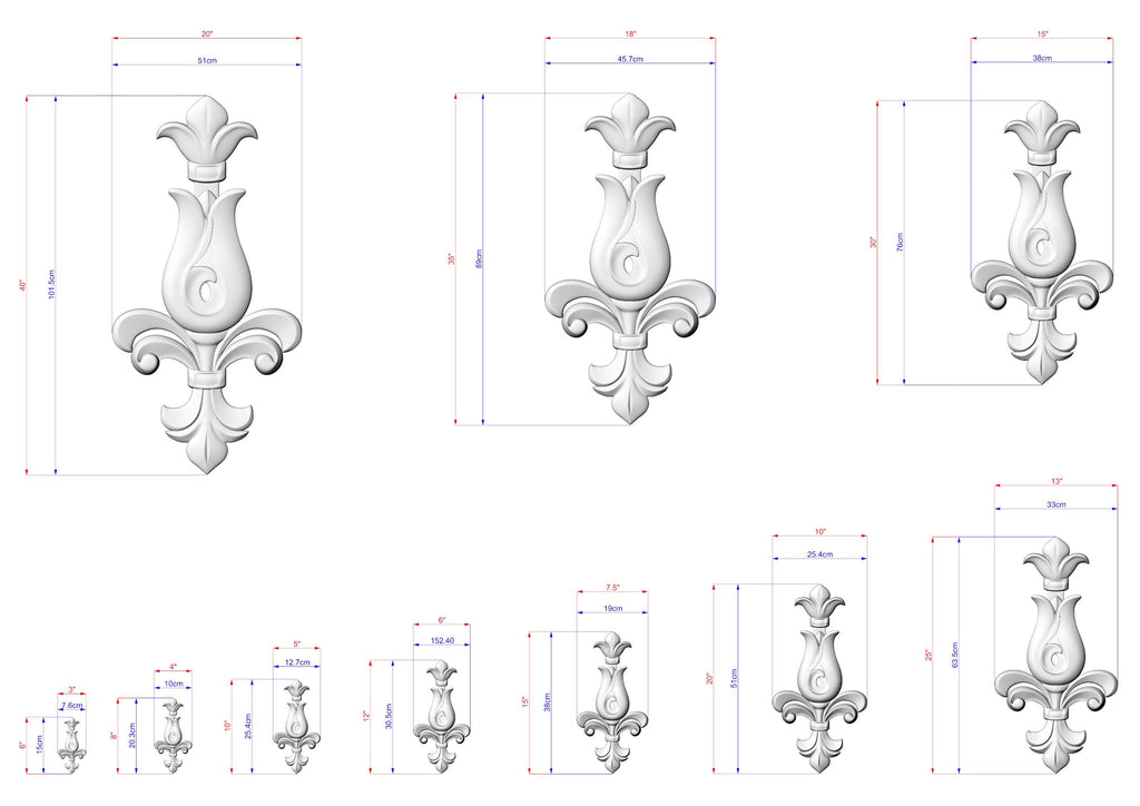 a collection of three white floral-shaped sculptures, each with a detailed design and measurements provided. The sculptures are arranged in a grid format, with each row representing a different size. The image is a technical drawing or diagram, likely used for scale or design purposes.