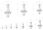 a collection of three white floral-shaped sculptures, each with a detailed design and measurements provided. The sculptures are arranged in a grid format, with each row representing a different size. The image is a technical drawing or diagram, likely used for scale or design purposes.
