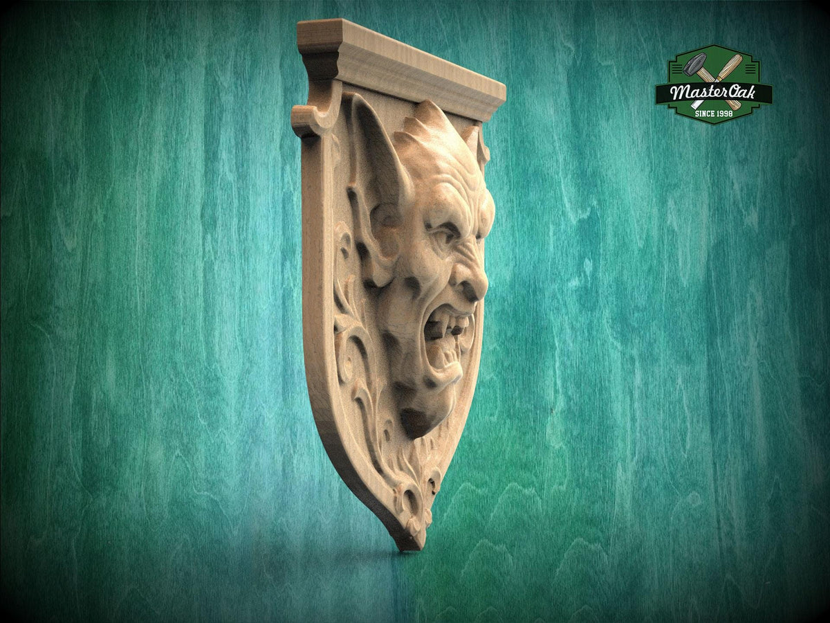 Gothic Grotesque Corbel – Vampire Gargoyle Mask on Heraldic Shield, Medieval Gothic Revival Decor, 1pc, Unpainted