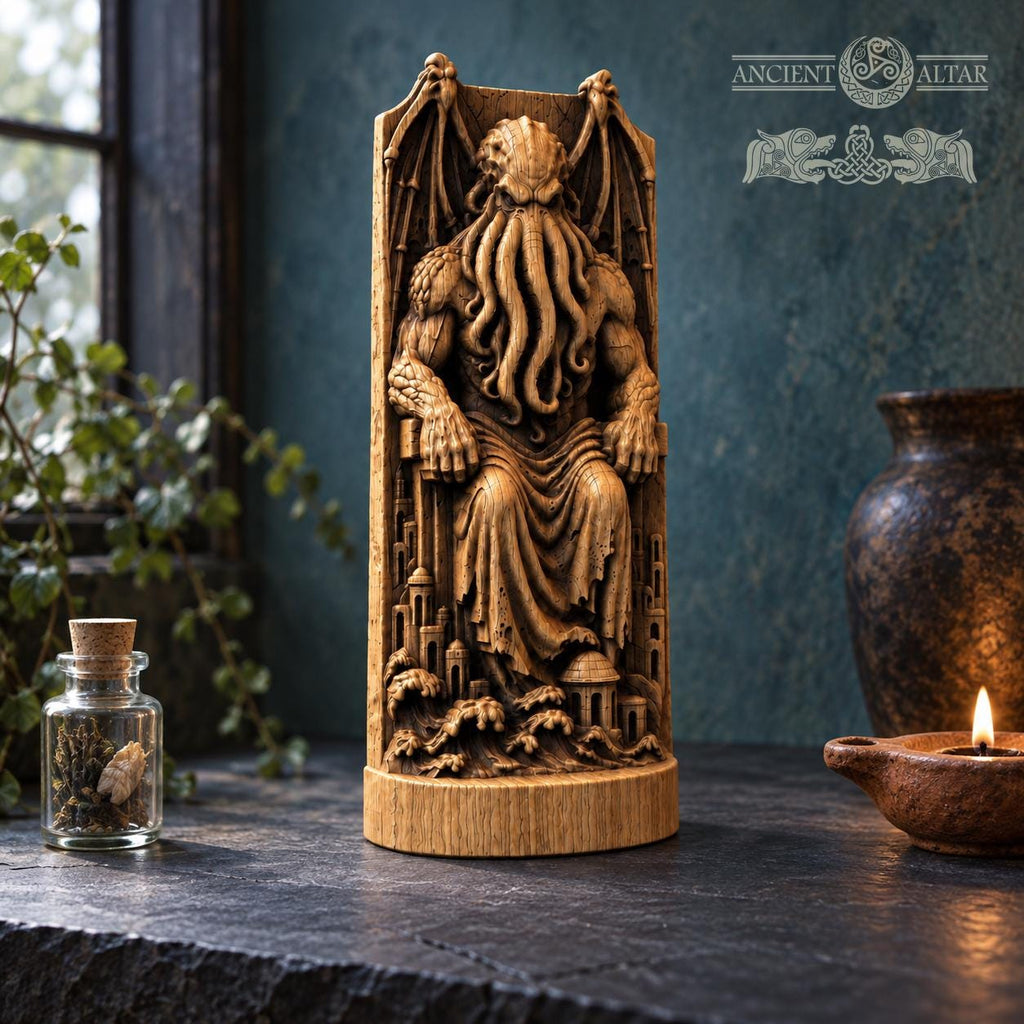 Cthulhu Throne Statue, Wooden Lovecraftian Monster Figurine, R’lyeh Cosmic Horror Decor, Gothic Altar Sculpture, Dark Fantasy Gift