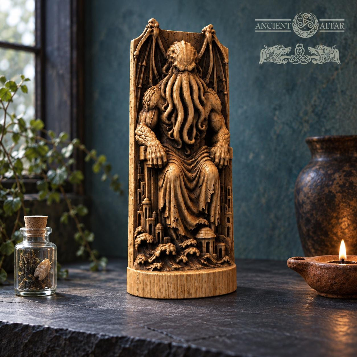 Cthulhu Throne Statue, Wooden Lovecraftian Monster Figurine, R’lyeh Cosmic Horror Decor, Gothic Altar Sculpture, Dark Fantasy Gift